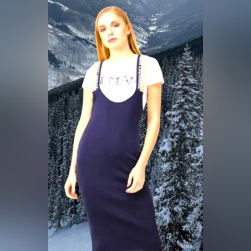 A | X ARMANI EXCHANGE NAVY BLUE STRETCHY DRESS WITH ORANGE NEON STRAPS LOGO NWOT - Picture 3 of 16